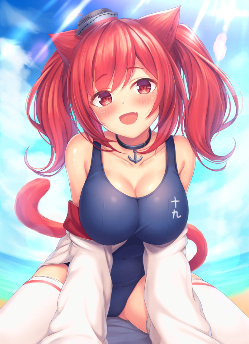 1girl :d animal_ears azur_lane bare_shoulders beach breasts cat_ears cat_tail choker cleavage covered_navel eyebrows_visible_through_hair fang horizon i-19_(azur_lane) large_breasts lens_flare light_rays looking_at_viewer mutsuba_fumi off_shoulder one-piece_swimsuit open_mouth red_eyes redhead revision school_swimsuit skindentation sleeves_past_fingers sleeves_past_wrists smile solo swimsuit tail thigh-highs twintails white_legwear