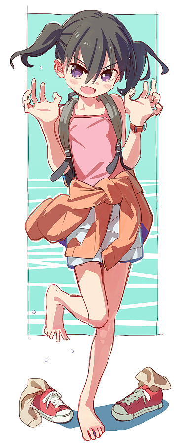 &gt;:d 1girl backpack bag bangs bare_legs barefoot blush camisole claw_pose clothes_around_waist fang footwear_removed frame full_body hair_between_eyes jacket_around_waist kuraue_hinata looking_at_viewer matsuo_yuusuke shoes sneakers solo standing standing_on_one_leg twintails watch watch yama_no_susume