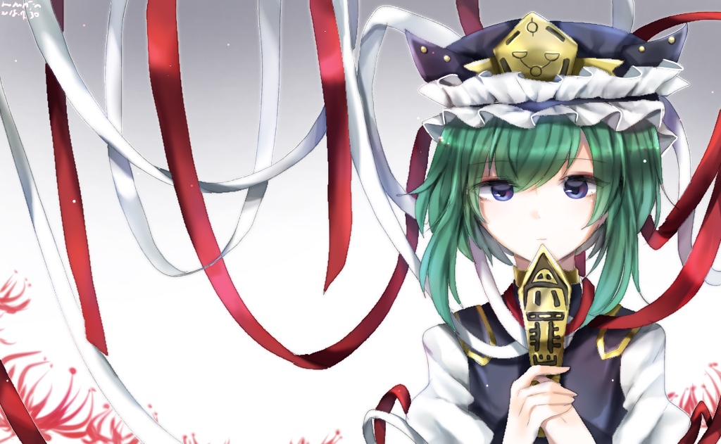 1girl artist_name bangs blue_eyes blue_vest commentary_request dated eyebrows_visible_through_hair flower gradient gradient_background green_hair grey_background hair_between_eyes hands_together hat high_collar juliet_sleeves long_sleeves looking_at_viewer puffy_sleeves red_ribbon ribbon rod_of_remorse ruoruomi shiki_eiki shirt short_hair solo spider_lily swept_bangs touhou upper_body vest white_background white_ribbon white_shirt