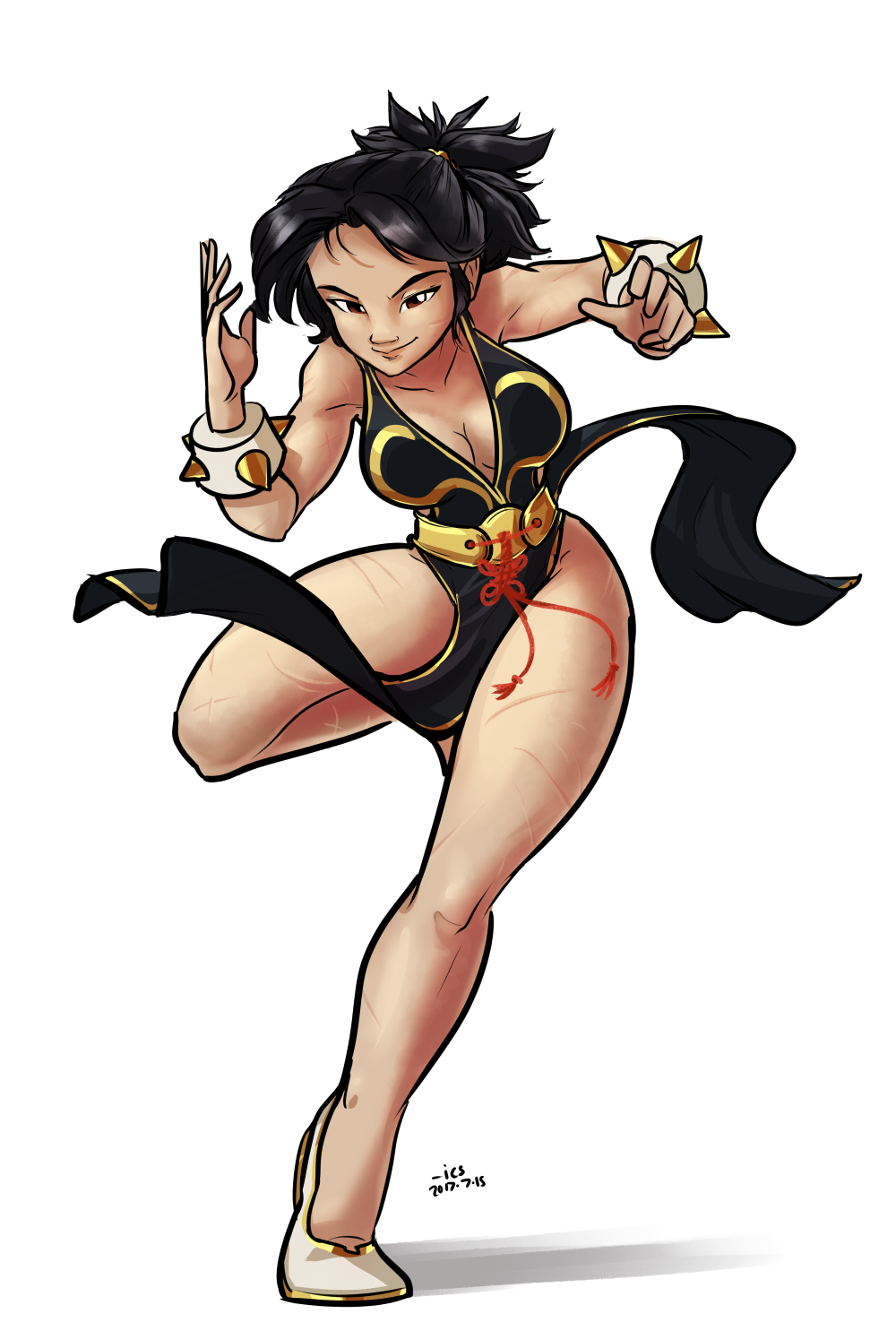 1girl alternate_costume bare_arms bare_legs bare_shoulders batgirl black_dress black_hair bracelet breasts brown_eyes capcom cassandra_cain china_dress chinese_clothes chun-li chun-li_(cosplay) cleavage commentary cosplay dc_comics deviantart dress highres ian_samson jewelry scar sleeveless smile solo spiked_bracelet spikes street_fighter street_fighter_v thighs white_background white_footwear