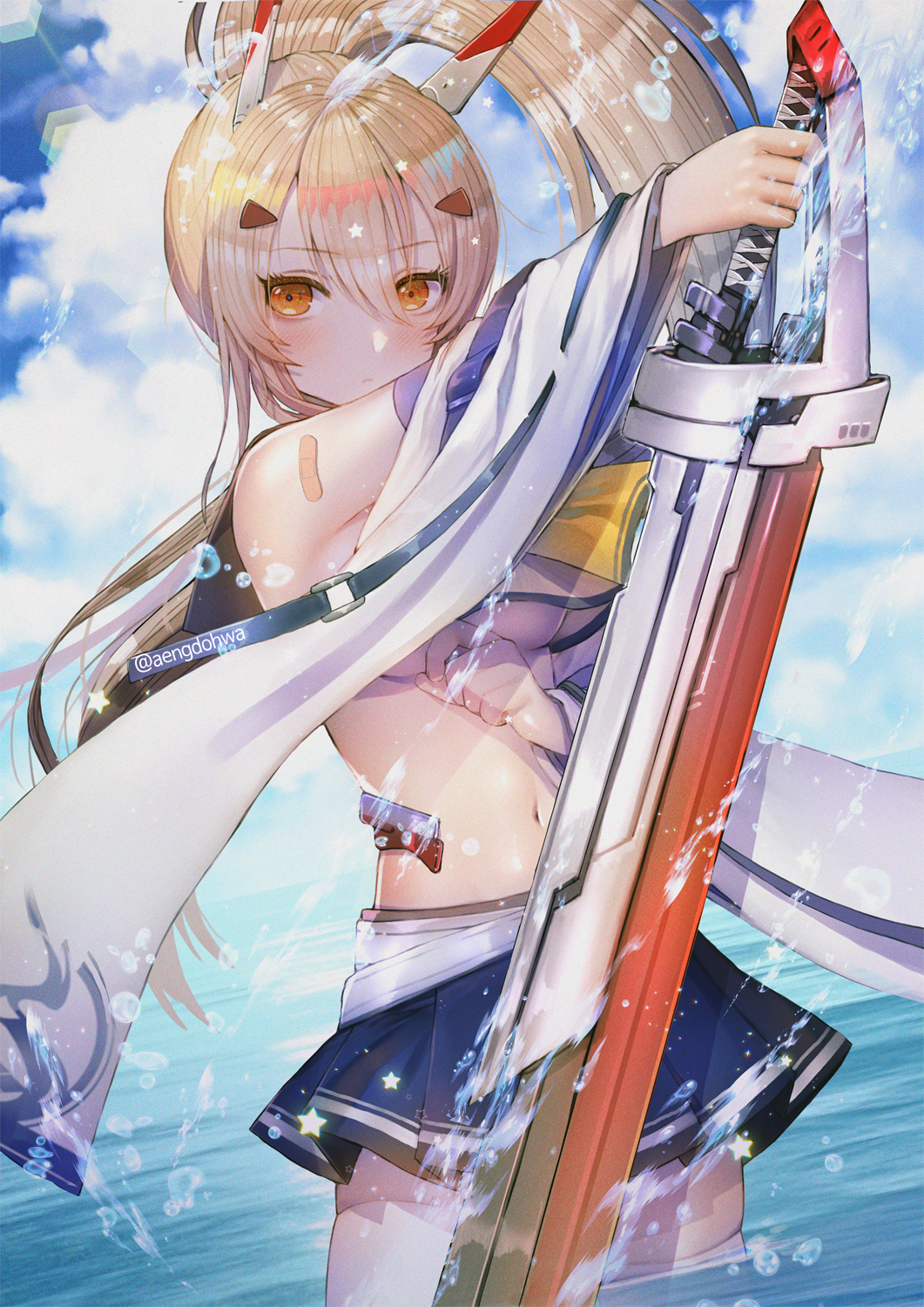 1girl ayanami_(azur_lane) azur_lane bandaid_on_arm bangs bare_shoulders blonde_hair blue_sky blush breasts closed_mouth clouds commentary_request cowboy_shot crop_top crop_top_overhang detached_sleeves eyebrows_visible_through_hair hair_between_eyes hair_ornament hanato_(seonoaiko) headgear highres holding holding_sword holding_weapon long_hair looking_at_viewer navel pleated_skirt ponytail red_eyes rigging school_uniform serafuku shirt skirt sky solo splashing standing star stomach sword thigh-highs thighs twitter_username wading water_drop weapon white_legwear white_shirt wide_sleeves