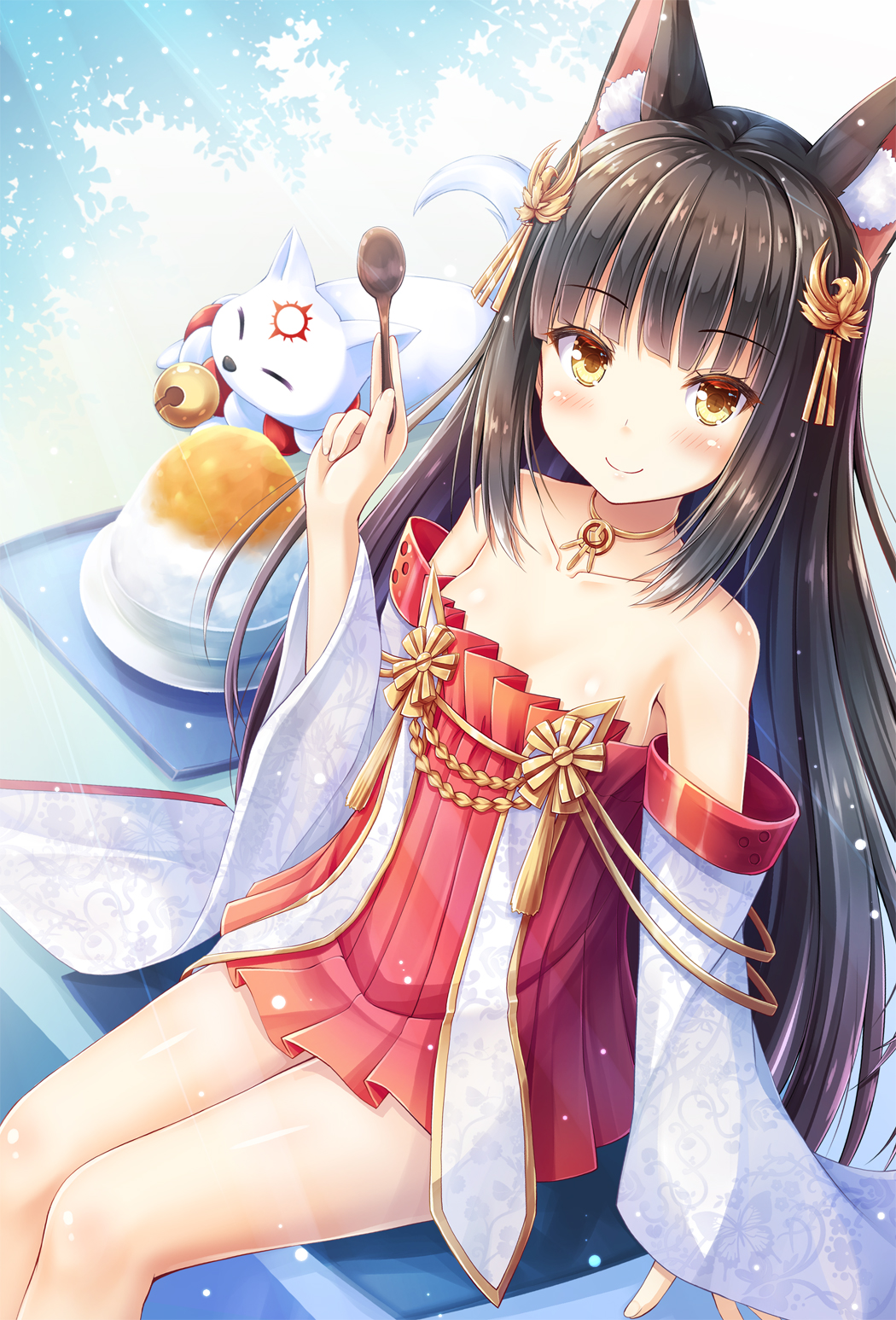 1girl akashio_(loli_ace) animal animal_ears azur_lane bangs bare_shoulders bell black_hair blush breasts brown_eyes closed_mouth collarbone commentary_request detached_sleeves dress eyebrows_visible_through_hair fingernails fox fox_ears hair_ornament hand_up highres holding holding_spoon jingle_bell long_hair long_sleeves looking_at_viewer nagato_(azur_lane) pleated_dress red_dress shaved_ice sitting sleeves_past_wrists small_breasts smile solo spoon strapless strapless_dress very_long_hair wide_sleeves