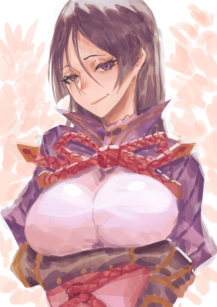 1girl bangs bodysuit bracer breast_hold breasts closed_mouth commentary_request fate/grand_order fate_(series) large_breasts long_hair looking_at_viewer minamoto_no_raikou_(fate/grand_order) pink_background pink_bodysuit puffy_sleeves purple_hair smile smug solo upper_body violet_eyes zakusi