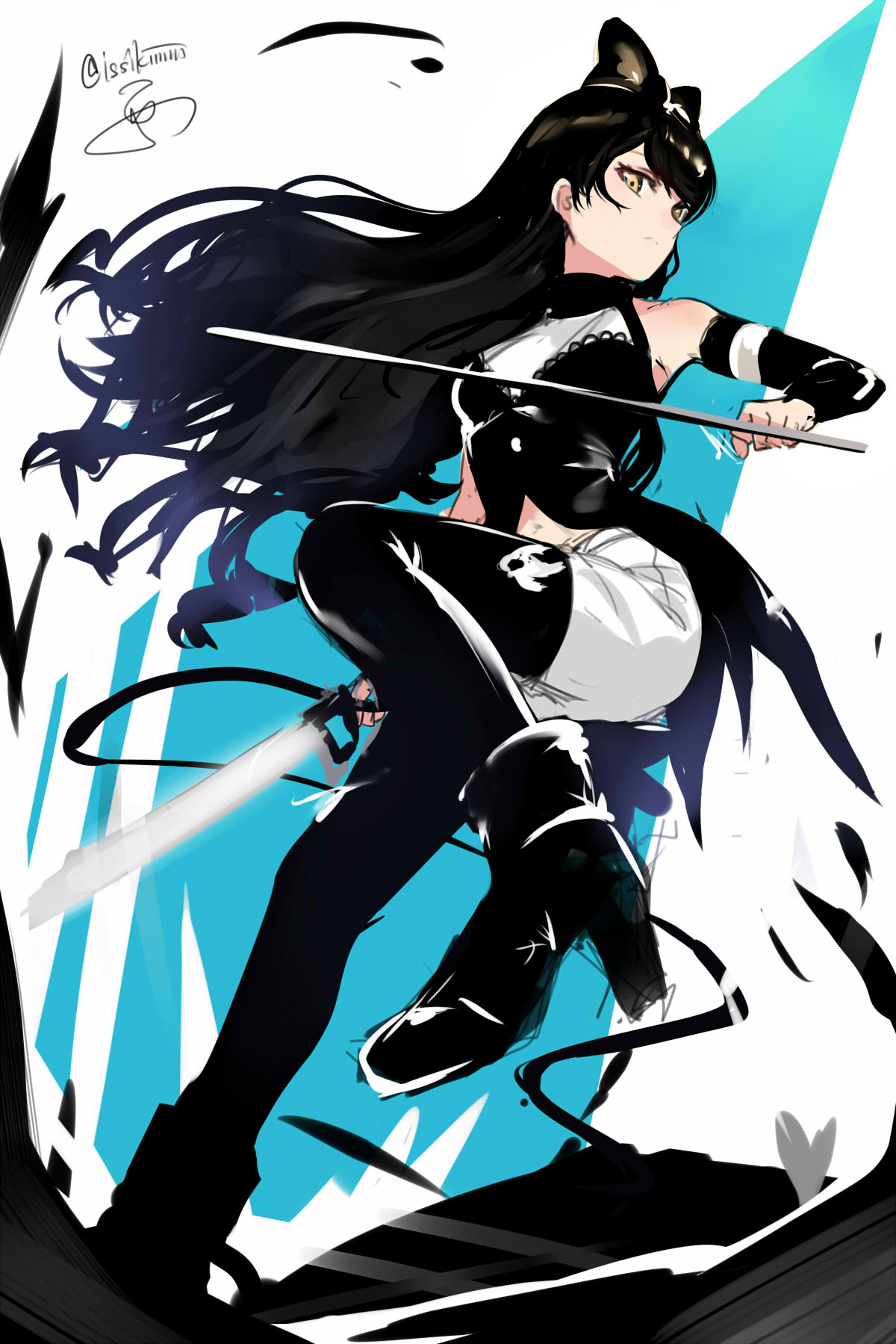 arm_ribbon artist_name bare_shoulders black_footwear black_hair black_legwear blake_belladonna bow detached_sleeve gambol_shroud hair_bow highres holding holding_weapon isshiki_(ffmania7) legwear_under_shorts long_hair midriff navel neck_ribbon pantyhose ribbon rwby shirt shoes shorts signature sleeveless sleeveless_shirt standing standing_on_one_leg twitter_username weapon yellow_eyes