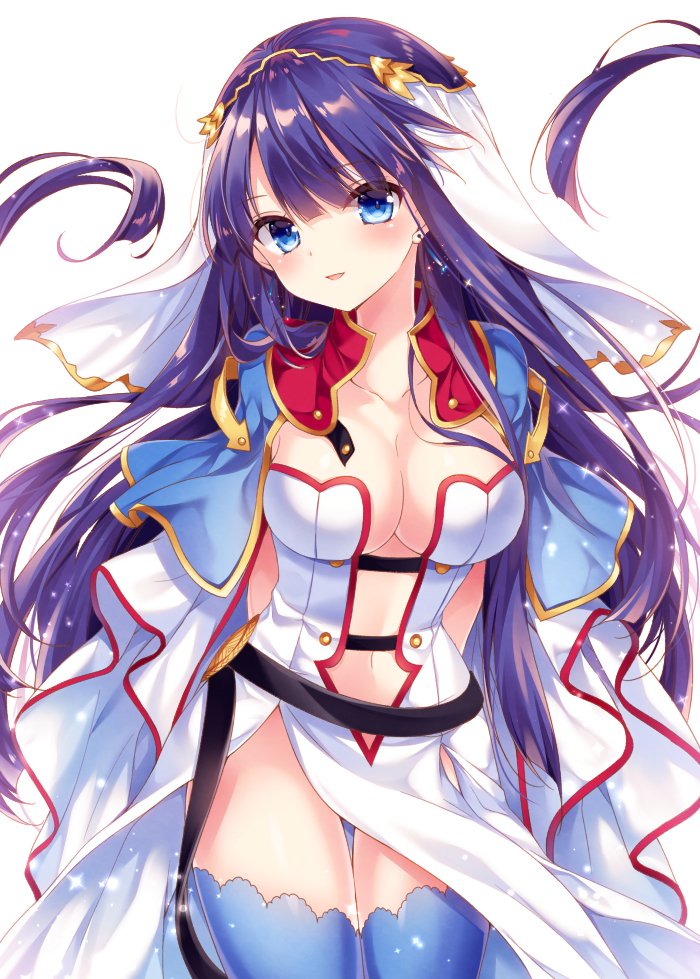 1girl bangs belt blue_capelet blue_earrings blue_eyes blue_legwear blunt_bangs breasts cape capelet center_opening cleavage collarbone commentary dress earrings fate/grand_order fate_(series) jewelry large_breasts long_hair looking_at_viewer navel nogi_takayoshi open_mouth pelvic_curtain purple_hair saint_martha simple_background smile straight_hair thigh-highs veil white_background white_cape white_dress