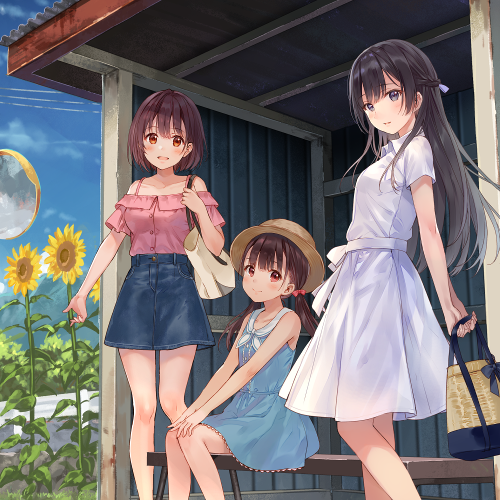 3girls :d bangs bench black_hair blue_skirt brown_hair brown_hat bus_stop clouds collarbone commentary_request cropped denim denim_skirt dress flower fukahire_(ruinon) half_updo hands_on_own_knees hat holding long_legs looking_at_viewer low_twintails multiple_girls off-shoulder_shirt open_mouth original pocketbook purple_dress shirt short_hair short_sleeves sitting skirt sky smile standing sundress sunflower twintails white_dress