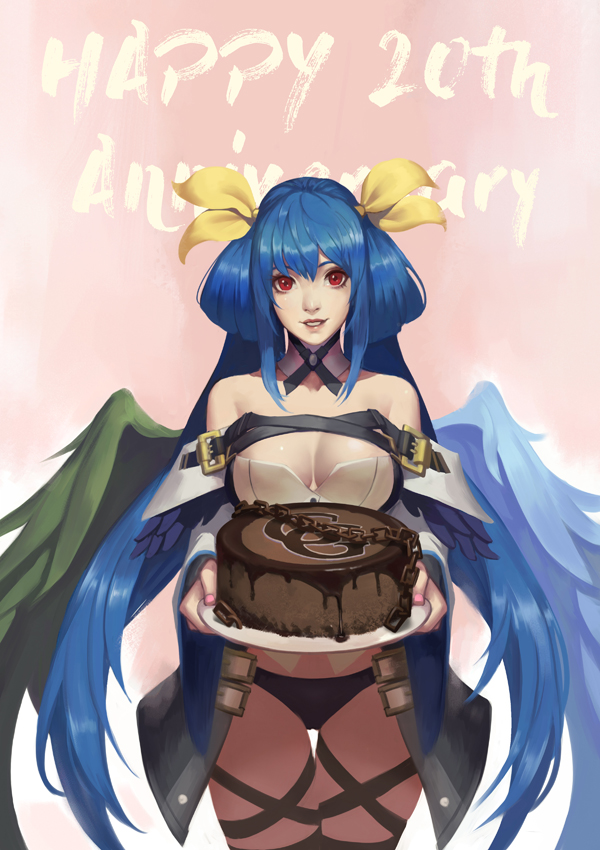 1girl anniversary black_legwear blue_hair breasts cake cleavage dizzy food guilty_gear hair_between_eyes hair_ribbon large_breasts long_hair looking_at_viewer phamoz red_eyes ribbon smile solo thigh-highs very_long_hair yellow_ribbon