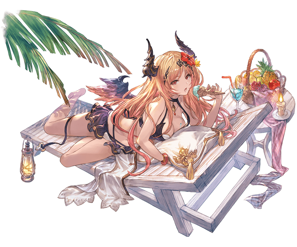 1girl apple bangs bare_legs barefoot basket beach_chair bikini blonde_hair bracelet breasts brown_eyes candle choker cleavage cream cup dark_angel_olivia drinking_glass drinking_straw flower food fruit full_body gradient gradient_hair granblue_fantasy grapes hair_flower hair_ornament hibiscus holding horn ice_cream ice_cream_cone jewelry long_hair looking_at_viewer lying medium_breasts minaba_hideo multicolored_hair official_art on_stomach open_mouth orange orange_slice palm_leaf pillow pineapple redhead shingeki_no_bahamut shiny shiny_hair solo swimsuit table transparent_background wings