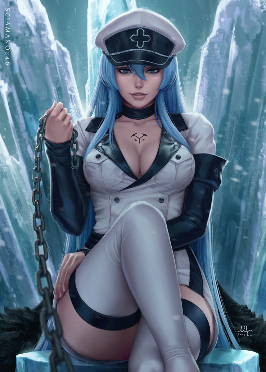 1girl 2018 akame_ga_kill! artist_name bangs black_choker blue_eyes blue_hair blurry boots breasts chains chest_tattoo choker cleavage collarbone commentary cross depth_of_field double-breasted english_commentary esdeath fingernails hair_between_eyes hand_on_own_thigh hat highres holding ice legs_crossed lips long_hair long_sleeves looking_at_viewer medium_breasts military military_uniform nose parted_lips peaked_cap pov sciamano240 shirt sidelocks signature sitting sleeves_past_wrists smile solo tattoo thigh-highs thigh_boots thighs uniform very_long_hair white_footwear white_hat white_shirt