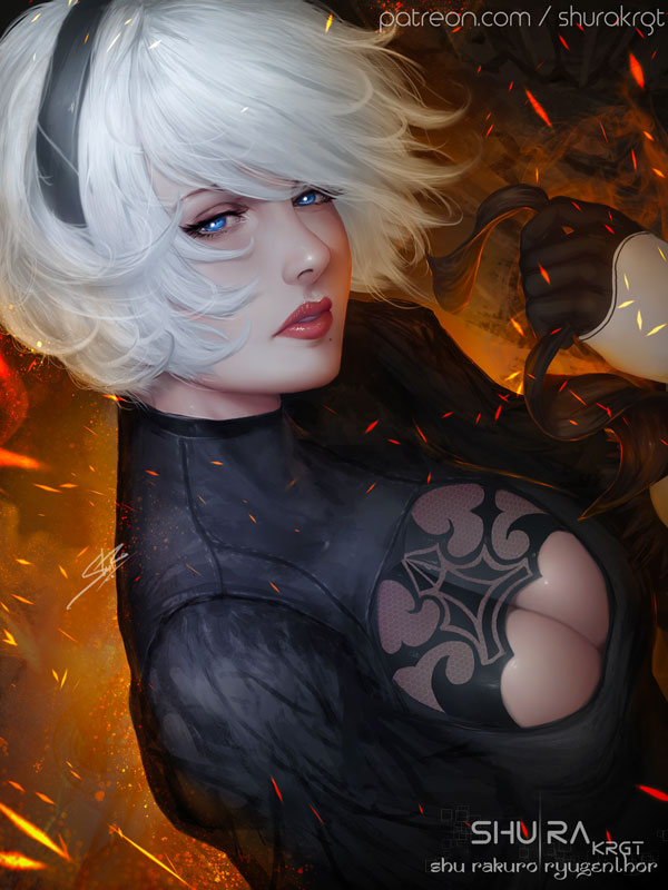 1girl android black_dress black_hairband blue_eyes breasts cleavage cleavage_cutout commentary dress english_commentary from_above hairband juliet_sleeves large_breasts long_sleeves looking_at_viewer mole mole_under_mouth nier_(series) nier_automata parted_lips puffy_sleeves red_lips shurakrgt silver_hair vambraces yorha_no._2_type_b