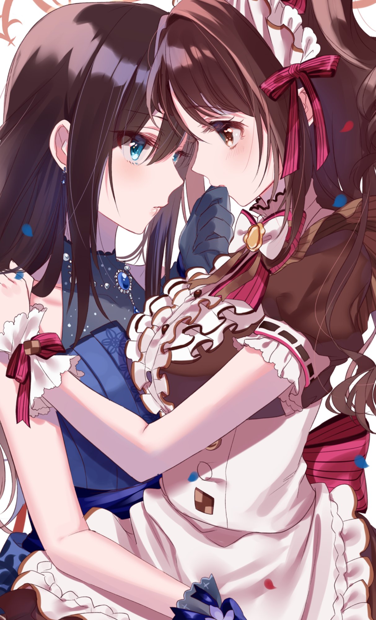 2girls bare_shoulders blue_dress blue_eyes blush bow bowtie brown_dress brown_eyes brown_hair character_request corset dress eye_contact gloves grey_gloves hair_ribbon highres idolmaster idolmaster_cinderella_girls long_hair looking_at_another misumi_(macaroni) multiple_girls puffy_short_sleeves puffy_sleeves red_bow red_ribbon ribbon scrunchie shibuya_rin short_sleeves white_neckwear white_scrunchie wrist_scrunchie yuri