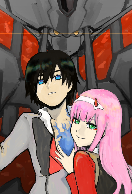 1boy 1girl bangs black_hair blue_eyes chest_scar commentary_request cookie9603 couple darling_in_the_franxx green_eyes hair_ornament hairband hand_on_another's_chest hetero hiro_(darling_in_the_franxx) horns long_hair long_sleeves looking_at_viewer mecha military military_uniform necktie oni_horns open_clothes open_shirt pink_hair red_horns red_neckwear scar short_hair strelizia uniform white_hairband zero_two_(darling_in_the_franxx)