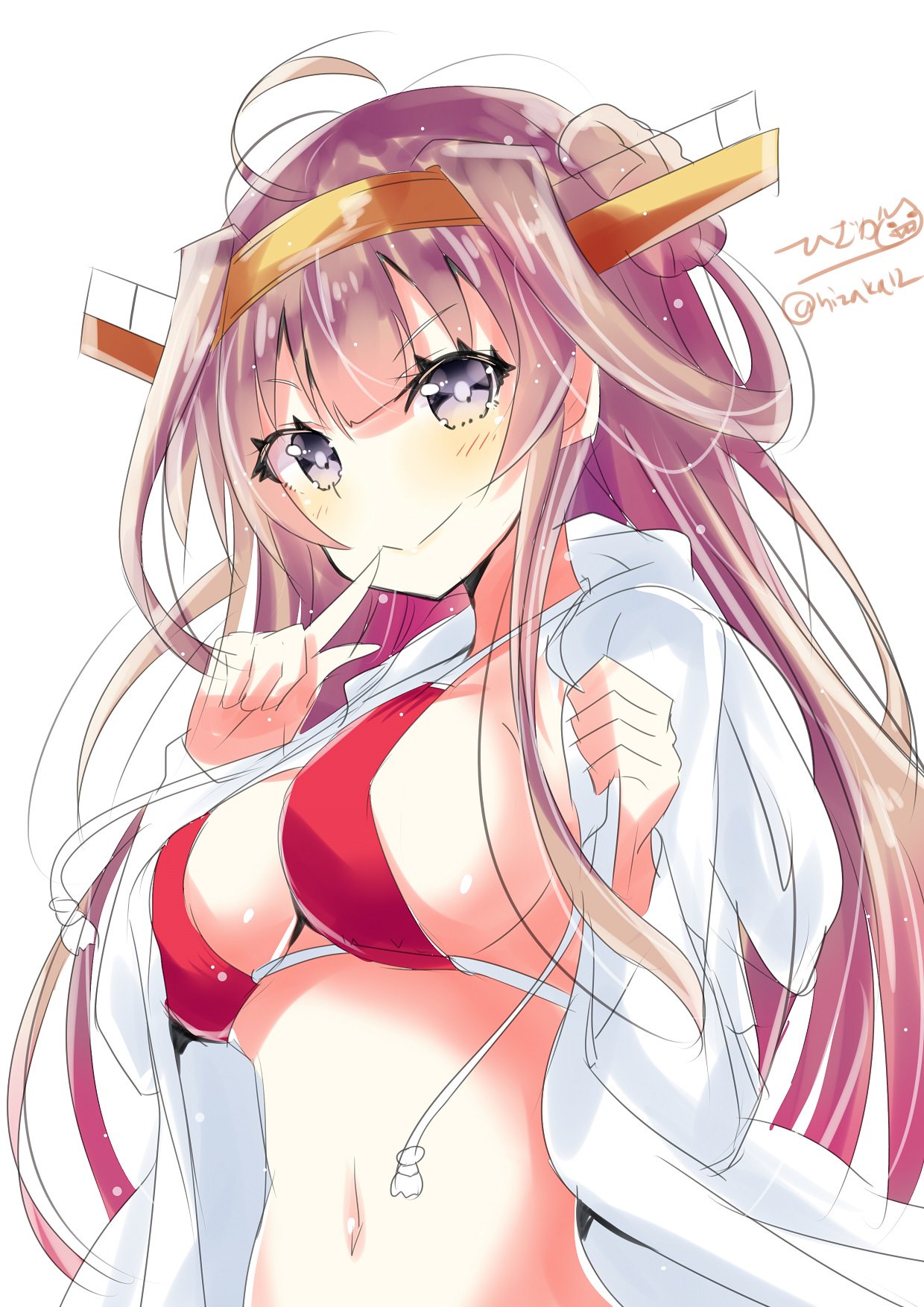 1girl bikini blush breasts brown_hair closed_mouth eyebrows_visible_through_hair hair_ornament highres hizaka kantai_collection kongou_(kantai_collection) large_breasts long_hair looking_at_viewer red_bikini simple_background smile solo swimsuit twitter_username violet_eyes white_background