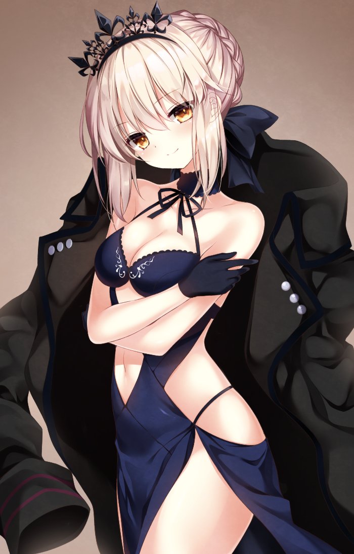 1girl artoria_pendragon_(all) artoria_pendragon_(swimsuit_rider_alter) bangs bare_shoulders black_coat black_gloves blonde_hair blue_dress blush braid breasts cleavage coat collarbone cowboy_shot dress fate/grand_order fate_(series) french_braid gloves hair_bun jacket_on_shoulders looking_at_viewer medium_breasts navel navel_cutout no_bra nogi_takayoshi open_clothes open_coat pelvic_curtain saber_alter sleeveless sleeveless_dress smile standing tiara yellow_eyes