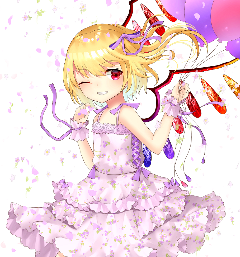 1girl ;) alternate_costume arm_up balloon bangs bare_arms bare_shoulders blonde_hair cowboy_shot crystal dress eyebrows_visible_through_hair flandre_scarlet flat_chest floral_background floral_dress floral_print flower grin hair_between_eyes hair_blowing hair_ribbon holding_balloon layered_dress one_eye_closed petals ribbon rose sakipsakip short_hair side_ponytail smile solo spaghetti_strap sundress swept_bangs touhou white_background wind wings wrist_cuffs wrist_ribbon