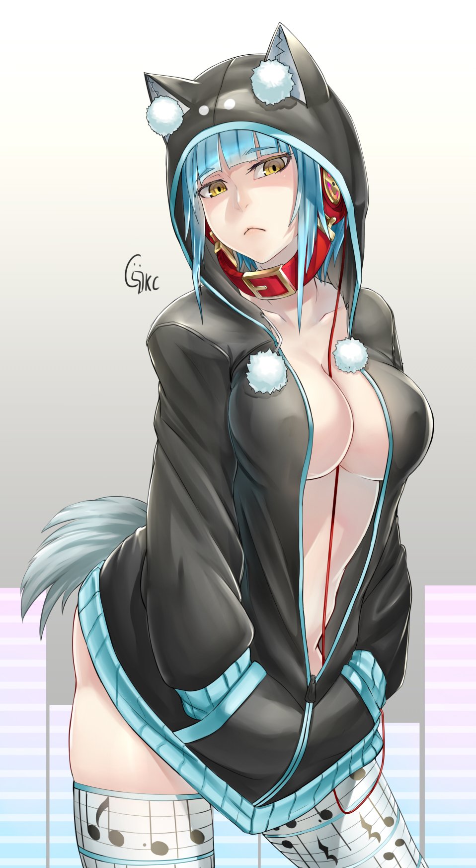 1girl :&lt; aqua_hair breasts cleavage collarbone contrapposto eyebrows_visible_through_hair hands_in_pockets headphones highres hood hoodie jikeshi large_breasts musical_note musical_note_print naked_hoodie open_clothes original short_hair skindentation solo tail thigh-highs thighs white_background yellow_eyes