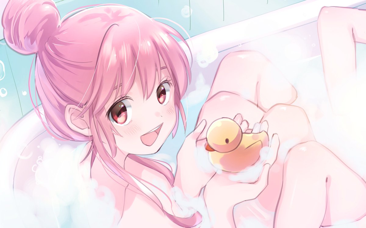 1girl :d bad_id bad_twitter_id bath bathtub blush copyright_request from_side hair_bun looking_at_viewer looking_to_the_side nude open_mouth pink_hair red_eyes rubber_duck smile solo vanilla_(miotanntann)
