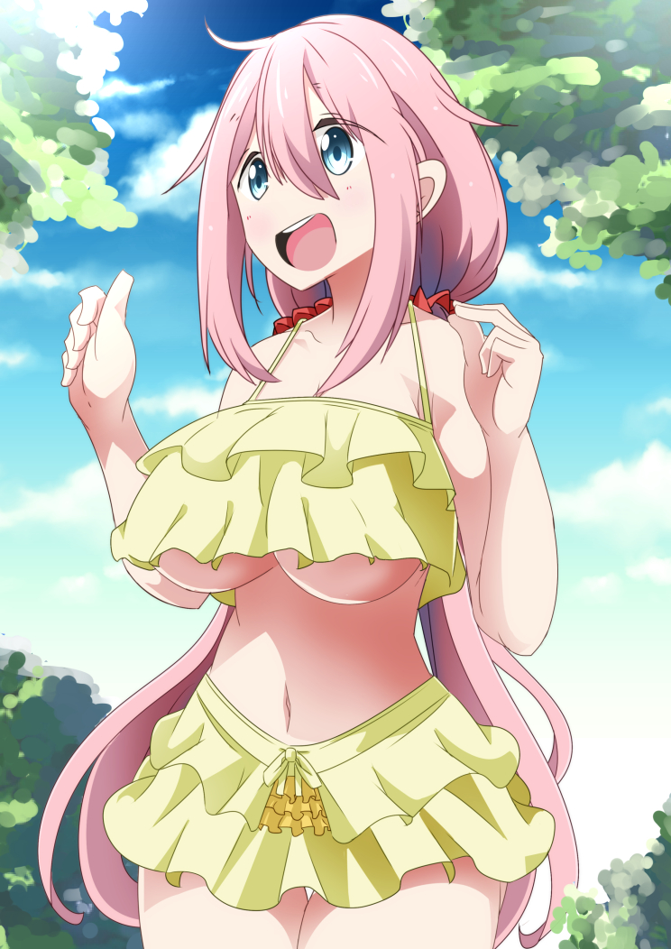 1girl blue_hair blush breasts eyebrows_visible_through_hair frills kagamihara_nadeshiko long_hair naruse_mai navel open_mouth outdoors pink_hair sky smile solo tree under_boob yurucamp