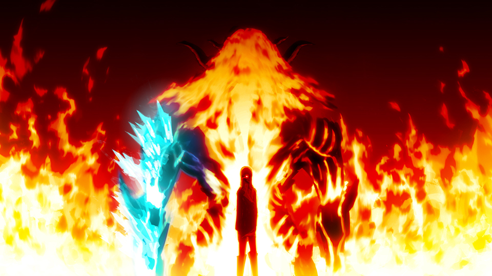 back-to-back black_background fate/grand_order fate_(series) fire giant glowing glowing_eye horns ice long_hair monster ophelia_phamrsolone red_eyes standing surtr_(fate/grand_order)