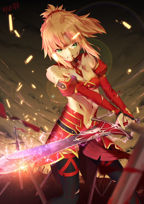 1girl armor black_legwear blonde_hair blood bra breasts cleavage clenched_teeth detached_sleeves fate/apocrypha fate_(series) floating_hair green_eyes hair_ornament hair_scrunchie holding holding_sword holding_weapon lens_flare long_hair midriff mordred_(fate) mordred_(fate)_(all) navel outdoors ponytail red_bra red_scrunchie red_skirt scrunchie skirt small_breasts solo standing stomach striped striped_bra sword teeth thigh-highs underwear weapon yeh_(354162698)