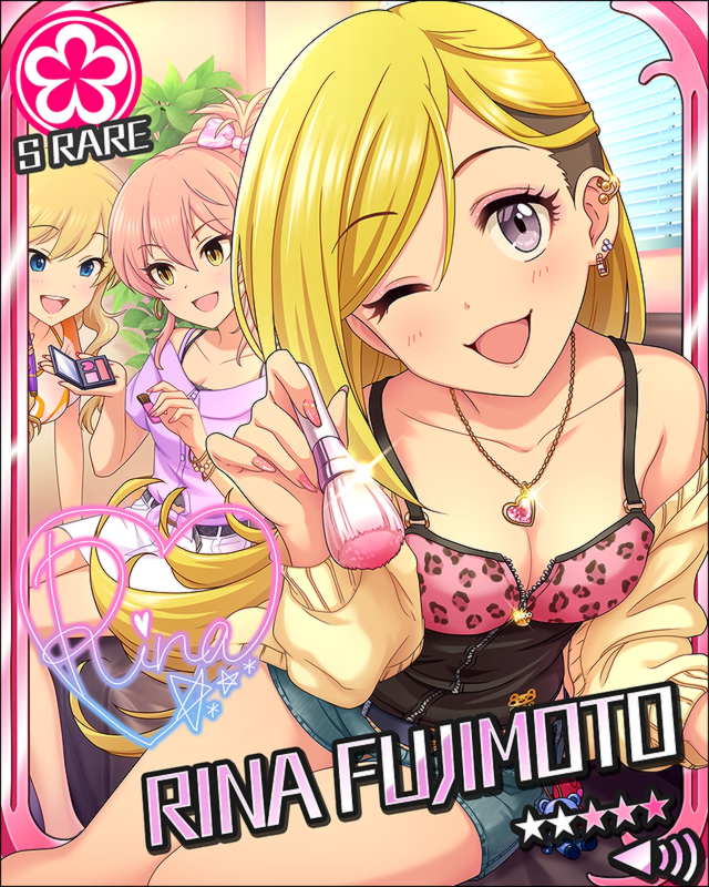 blonde_hair blush character_name dress fujimoto_rina grey_eyes idolmaster idolmaster_cinderella_girls long_hair smile stars wink