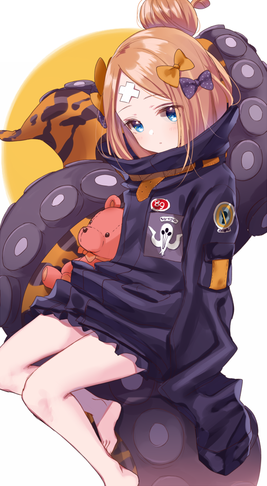 1girl abigail_williams_(fate/grand_order) alternate_hairstyle bandaid_on_forehead bangs barefoot belt black_bow black_jacket blonde_hair blue_eyes blush bow fate/grand_order fate_(series) feet forehead hair_bow hair_bun high_collar holding holding_stuffed_animal jacket legs long_hair looking_at_viewer misumi_(macaroni) open_mouth orange_bow parted_bangs polka_dot polka_dot_bow simple_background sitting sleeves_past_fingers sleeves_past_wrists solo stuffed_animal stuffed_toy suction_cups teddy_bear tentacle thighs white_background