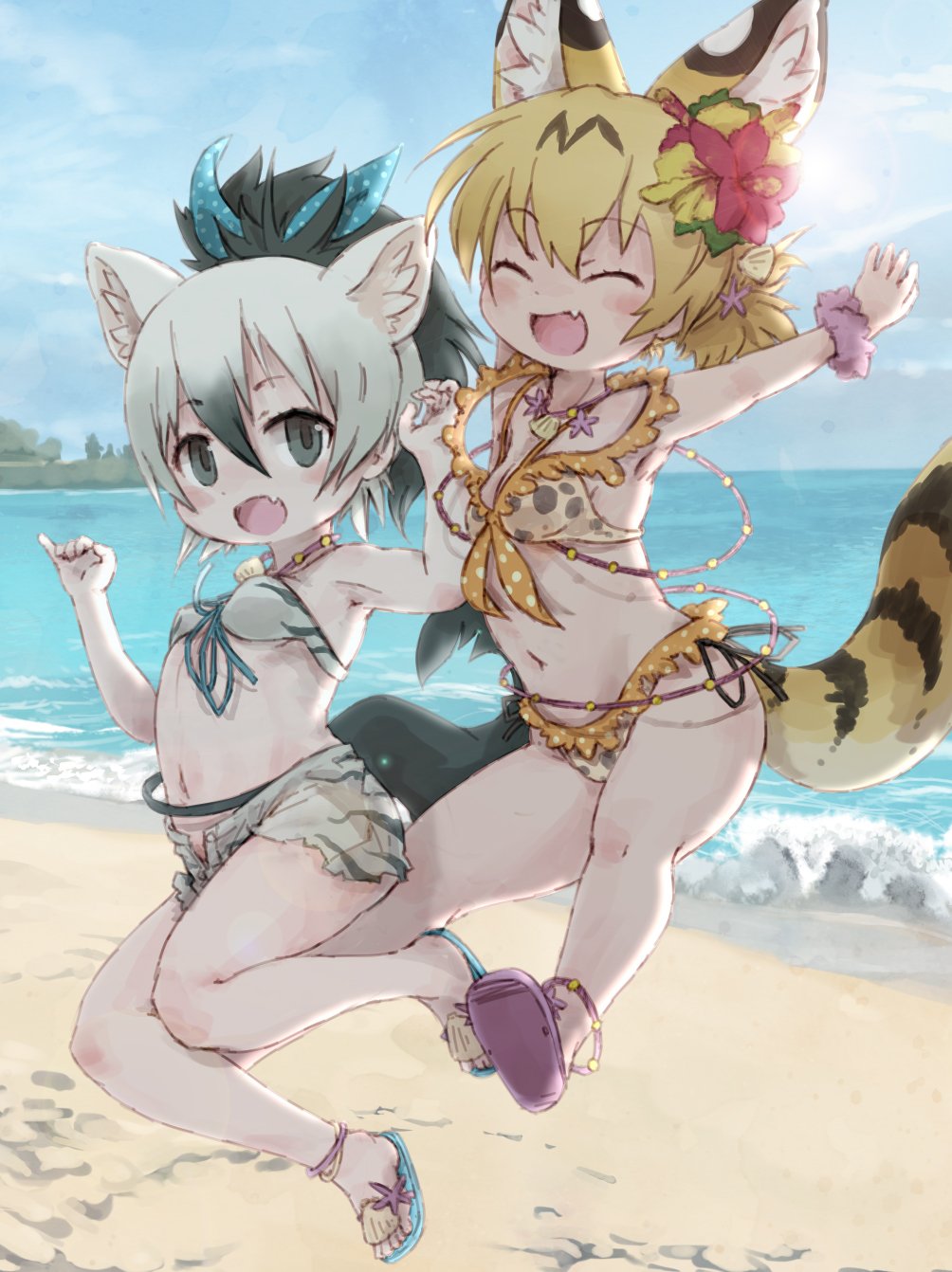 :d ^_^ aardwolf_(kemono_friends) aardwolf_ears aardwolf_tail alternate_costume animal_ears ankleband arms_up beach bikini black_eyes black_hair blonde_hair blue_footwear blue_ribbon blue_sky blush clam_shell closed_eyes closed_eyes clouds day extra_ears eyebrows_visible_through_hair fang flower hair_between_eyes hair_flower hair_ornament hair_ribbon hibiscus highres horizon jumping kemono_friends kemono_friends_festival kolshica multicolored_hair navel ocean open_mouth outdoors pink_footwear polka_dot_ribbon ponytail print_bikini ribbon sandals scrunchie serval_(kemono_friends) serval_ears serval_tail shell_hair_ornament short_hair short_ponytail shorts side-by-side sky smile starfish_hair_ornament swimsuit tail unbuttoned white_bikini_top white_hair wrist_scrunchie yellow_bikini