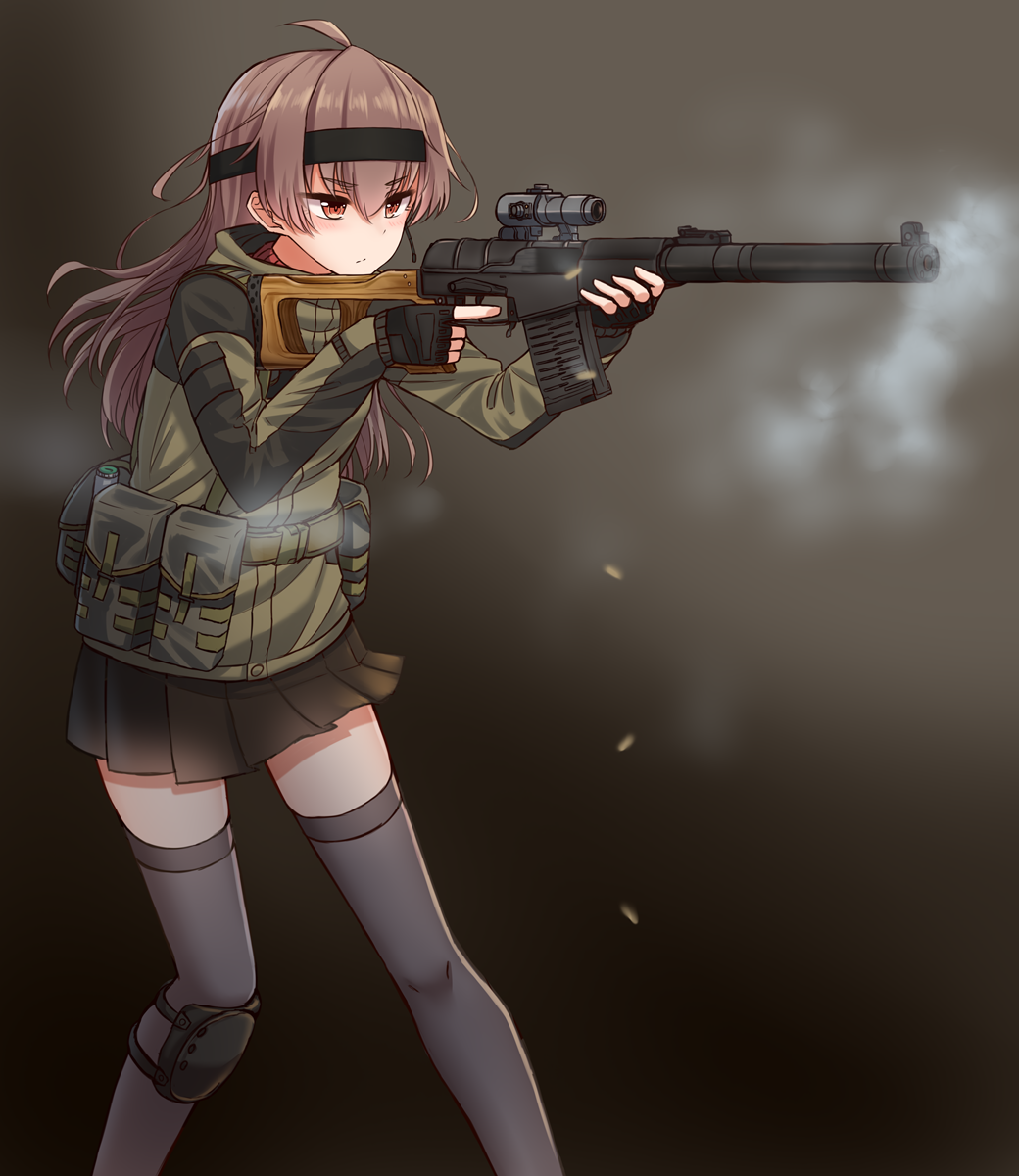 1girl ahoge bag bangs black_gloves black_hairband black_skirt blush brown_eyes brown_hair bullet closed_mouth commentary_request eyebrows_visible_through_hair finger_on_trigger fingerless_gloves firing gloves green_jacket grey_legwear gun hair_between_eyes hairband hands_up highres holding holding_gun holding_weapon jacket long_hair looking_away original pleated_skirt rabochicken rifle satchel scope sidelocks skirt smoke sniper_rifle solo thigh-highs v-shaped_eyebrows very_long_hair vss_vintorez weapon