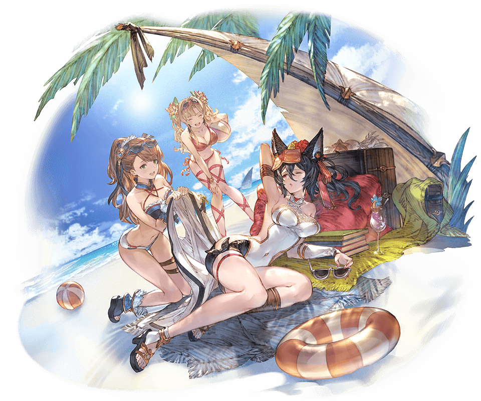 3girls animal_ears ball beach beachball beatrix_(granblue_fantasy) bikini black_hair blonde_hair brown_hair glasses granblue_fantasy ilsa innertube long_hair minaba_hideo multiple_girls official_art swimsuit zeta_(granblue_fantasy)