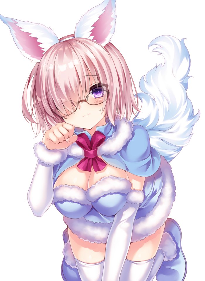 1girl animal_ears bangs blue_capelet blue_dress blush breasts capelet cleavage cosplay detached_sleeves dress fake_animal_ears fate/grand_order fate_(series) fou_(fate/grand_order) fou_(fate/grand_order)_(cosplay) fur-trimmed_capelet fur-trimmed_dress fur-trimmed_sleeves fur_trim glasses hair_over_one_eye kneeling lavender_hair long_sleeves looking_at_viewer mash_kyrielight nogi_takayoshi paw_pose short_hair simple_background sweatdrop tail thigh-highs violet_eyes white_background white_legwear