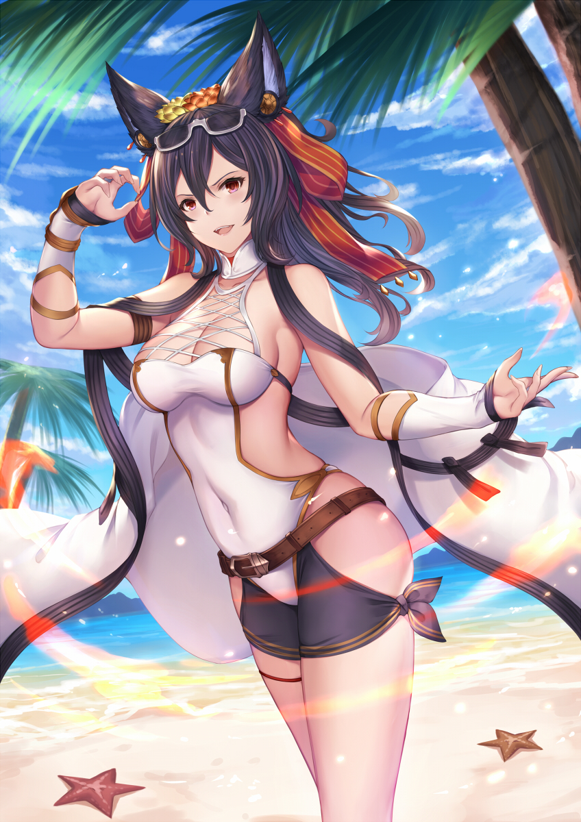 1girl :d animal_ears arm_up bangs bare_shoulders beach belt_buckle black_hair blue_sky blurry blurry_background breasts brown_belt buckle cape cleavage clouds cloudy_sky commentary_request covered_navel day depth_of_field detached_sleeves dutch_angle eyewear_on_head fingernails granblue_fantasy hair_between_eyes hair_ribbon highres ilsa large_breasts long_hair long_sleeves looking_at_viewer medium_breasts ocean open_mouth outdoors pak_ce palm_tree red_eyes red_ribbon ribbon sand sky sleeves_past_wrists smile solo standing striped striped_ribbon swimsuit tree water white_cape white_swimsuit