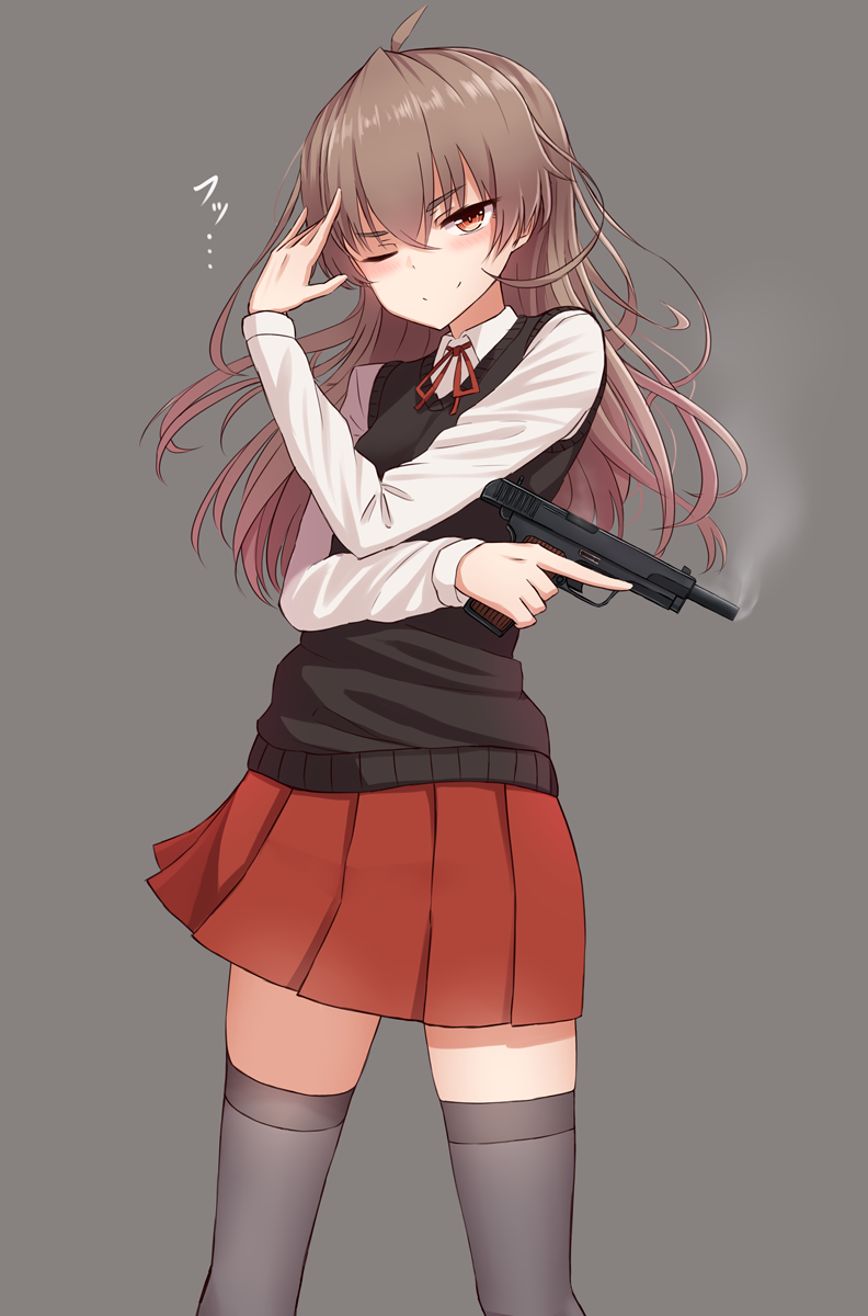 1girl ;) arm_up blush brown_eyes brown_hair closed_mouth collared_shirt commentary_request grey_background grey_legwear gun handgun highres holding holding_gun holding_weapon long_hair long_sleeves looking_at_viewer one_eye_closed original pistol pleated_skirt rabochicken red_skirt school_uniform shirt simple_background skirt smile smoke solo standing sweater_vest thigh-highs very_long_hair weapon weapon_request white_shirt