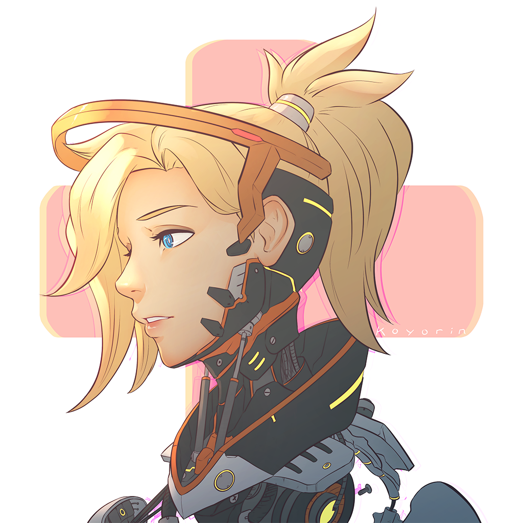 1girl artist_name blonde_hair blue_eyes close-up face high_ponytail koyorin lips mechanical_halo mercy_(overwatch) overwatch parted_lips parts_exposed robot short_hair solo