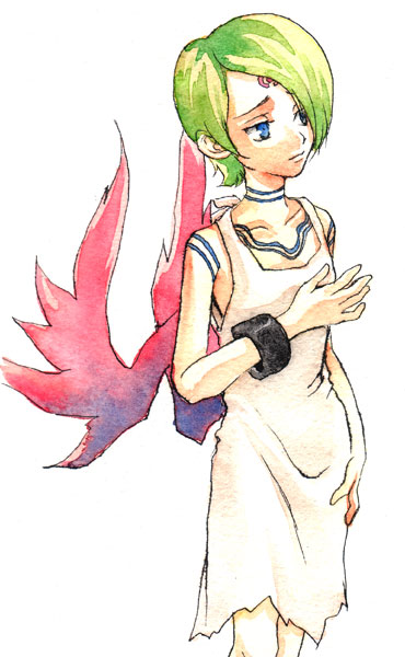 1girl blue_eyes breath_of_fire breath_of_fire_v closed_mouth commentary_request facial_mark forehead_mark full_body_tattoo green_hair kami_ha nib_pen_(medium) nina_(breath_of_fire_v) red_wings short_hair solo tattoo traditional_media watercolor_(medium) wings