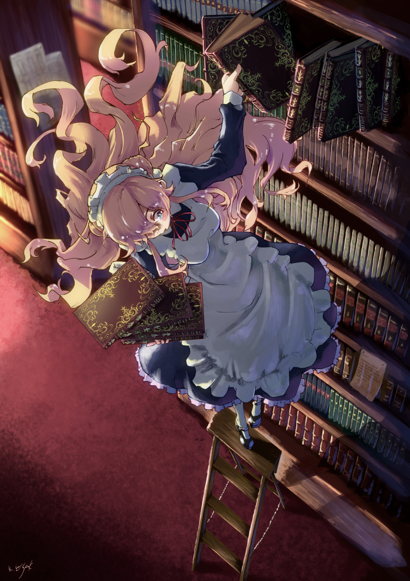 1girl alicia_(kagawa_yuusaku) apron blonde_hair blue_eyes blush book dress falling from_above kagawa_yuusaku long_hair long_sleeves maid maid_headdress mary_janes original pinafore_dress ribbon shoes signature solo two_side_up very_long_hair