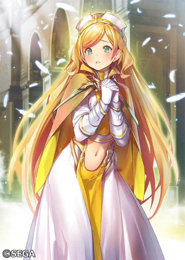 1girl arch bangs blonde_hair blue_eyes blush dress gloves hands_together hands_up inside interlocked_fingers long_hair navel navel_cutout official_art parted_bangs pop_kyun solo standing very_long_hair watermark white_dress white_feathers white_gloves wonderland_wars yellow_cape
