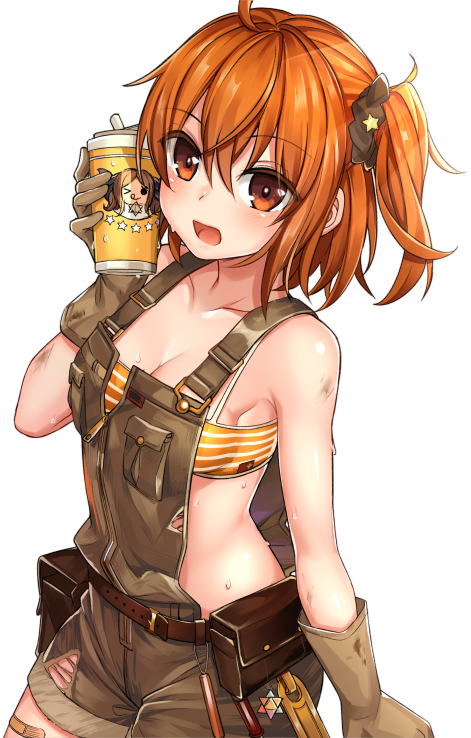 1girl :d ahoge bandaid bandaid_on_leg bandeau bangs bare_shoulders belt_buckle belt_pouch blush breast_pocket breasts brown_belt brown_gloves brown_overalls brown_scrunchie buckle cleavage collarbone commentary_request cowboy_shot cup dirty eyebrows_visible_through_hair fate/grand_order fate_(series) fujimaru_ritsuka_(female) gloves hair_between_eyes hair_ornament hair_scrunchie holding holding_cup looking_at_viewer medium_breasts medium_hair open_mouth orange_bandeau orange_eyes orange_hair overalls pocket pouch saint_quartz scrunchie shiny shiny_hair shiny_skin shuutou_haruka side_ponytail sidelocks simple_background smile solo standing star striped sweat torn_clothes torn_overalls white_background zipper zipper_pull_tab