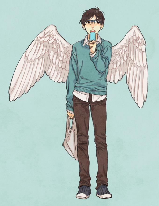 1boy angel_wings bag black_eyes black_hair blue-framed_eyewear blue_background blue_footwear blue_sweater candy expressionless eyebrows_visible_through_hair food full_body glasses katsuki_yuuri lollipop long_sleeves looking_away male_focus pants r_inami shirt short_hair simple_background standing sweater white_shirt wings yuri!!!_on_ice