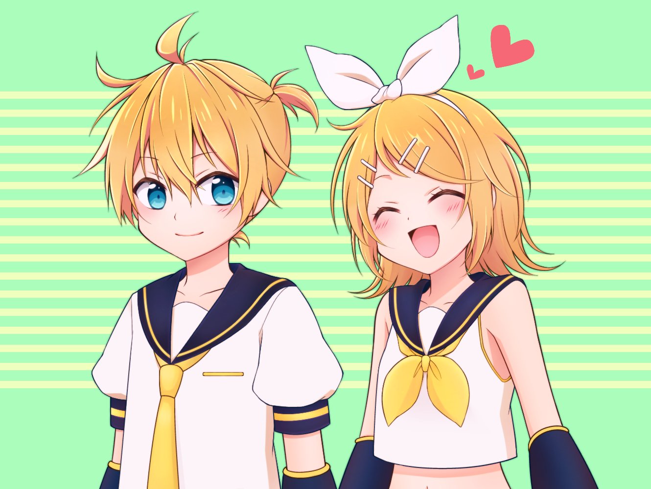 1boy 1girl bangs black_sleeves blue_eyes bow brother_and_sister closed_eyes collarbone crop_top detached_sleeves eyebrows_visible_through_hair green_background hair_between_eyes hair_bow hair_ornament hairband hairclip heart kagamine_len kagamine_rin kouduki0213 midriff navel neckerchief necktie open_mouth parted_bangs sailor_collar shiny shiny_hair shirt short_sleeves siblings sleeveless sleeveless_shirt smile standing stomach striped striped_background upper_body vocaloid white_bow white_hairband white_shirt yellow_neckwear