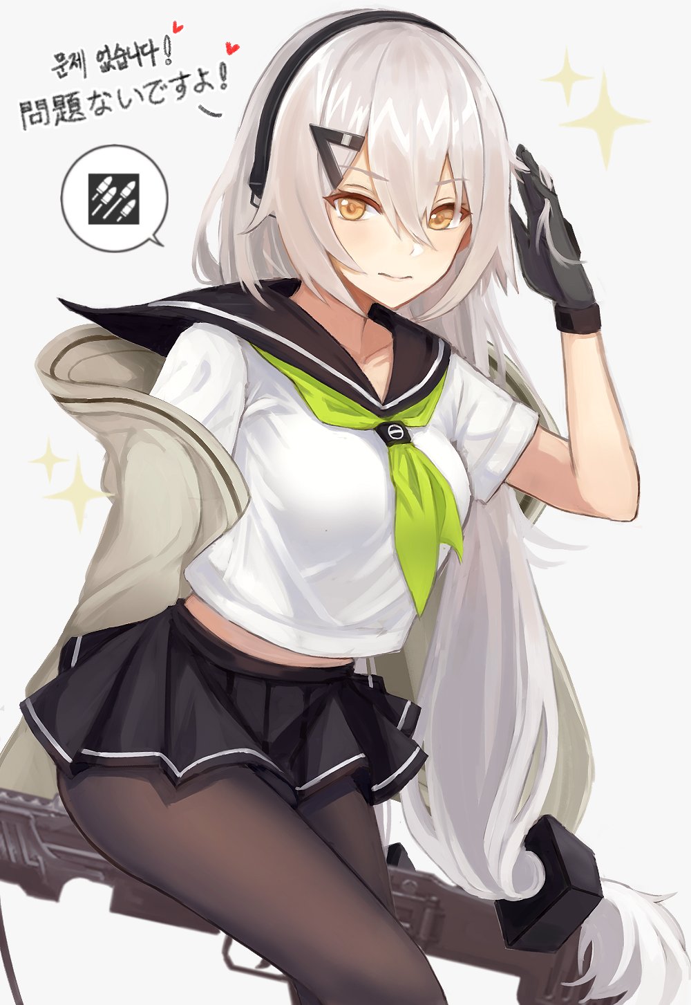 1girl bangs black_gloves blush breasts closed_mouth girls_frontline gloves green_neckwear gun hair_between_eyes hair_ornament hairclip hand_in_hair heifetz highres long_hair long_sleeves looking_at_viewer mg4_(girls_frontline) midriff pantyhose sailor_collar shirt silver_hair simple_background skirt smile solo standing twintails very_long_hair weapon yellow_eyes