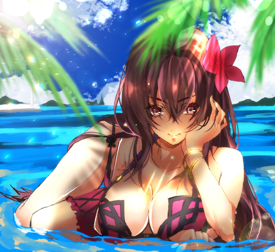 1girl beach bikini blue_sky breasts clouds cloudy_sky fate/grand_order fate_(series) flower hair_flower hair_intakes hair_ornament hibiscus large_breasts looking_at_viewer mountainous_horizon palm_tree partially_submerged pink_bikini purple_bikini purple_hair red_eyes scathach_(fate)_(all) scathach_(fate/grand_order) scathach_(swimsuit_assassin)_(fate) sky smile sun swimsuit tree user_ypxc4745 water