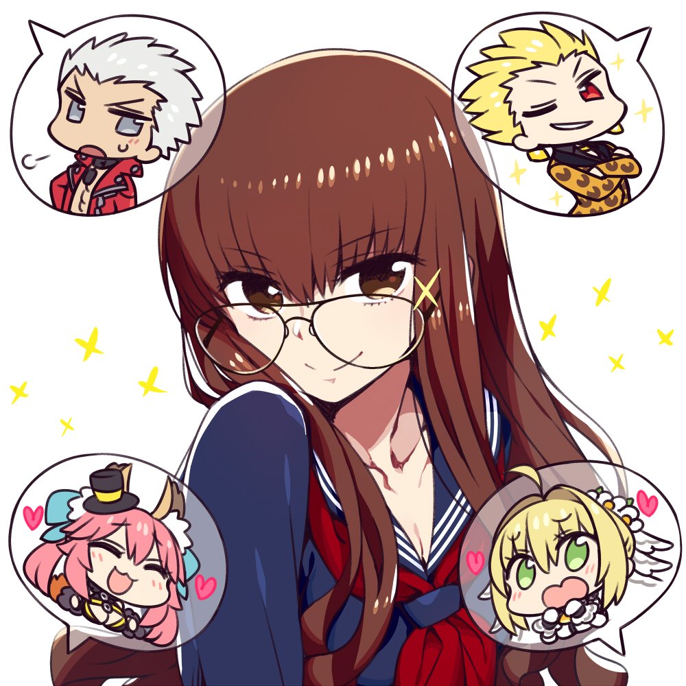2boys 3girls :3 ahoge animal_ears archer black_hat black_serafuku blonde_hair blush braid breasts brown_eyes brown_hair chan_co chibi chibi_inset cleavage closed_eyes closed_mouth commentary_request crossed_arms earrings eyebrows_visible_through_hair fate/extra fate/extra_ccc fate_(series) fox_ears gilgamesh glasses green_eyes grey_eyes grey_hair hat heart jacket jewelry kishinami_hakuno_(female) lock_earrings long_hair looking_at_viewer multiple_boys multiple_girls nero_claudius_(bride)_(fate) nero_claudius_(fate)_(all) one_eye_closed open_mouth out_of_frame pink_hair red_eyes red_jacket school_uniform serafuku simple_background smile sparkle speech_bubble sweatdrop tamamo_(fate)_(all) tamamo_no_mae_(fate) top_hat tsukumihara_academy_uniform_(fate/extra_ccc) upper_body veil white_background
