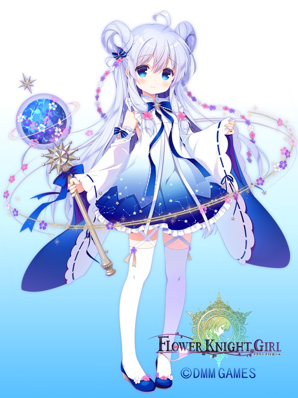 1girl ahoge blue_background blue_bow blue_eyes bow bowtie closed_mouth copyright_name detached_sleeves flower flower_knight_girl full_body gradient gradient_background hair_rings holding holding_wand long_hair looking_at_viewer official_art santa_matsuri silver_hair simple_background smile solo standing sutera_(flower_knight_girl) thigh-highs wand white_background white_legwear wide_sleeves