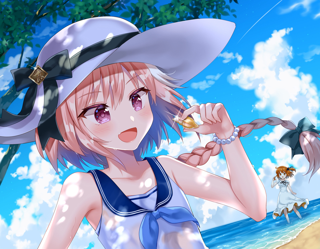 1boy 1girl :d :o ahoge astolfo_(fate) bangs bare_arms bare_shoulders bead_bracelet beads black_bow black_ribbon blue_sailor_collar blue_sky blush bow bracelet braid clouds collarbone commentary_request dappled_sunlight day dress dutch_angle eyebrows_visible_through_hair fang fate/grand_order fate_(series) floating_hair fujimaru_ritsuka_(female) glint hair_between_eyes hair_bow hat hat_ribbon holding holding_hair horizon jewelry long_dress long_hair looking_at_another looking_down multicolored_hair naomi_(fantasia) neck_ribbon open_mouth outdoors pink_hair puffy_short_sleeves puffy_sleeves ribbon sailor_collar shell shiny shiny_hair short_sleeves side_ponytail single_braid sky smile solo_focus standing streaked_hair summer sun_hat sunlight swimsuit trap tree tree_shade tsurime upper_body violet_eyes wading white_dress white_hair white_hat white_swimsuit wind