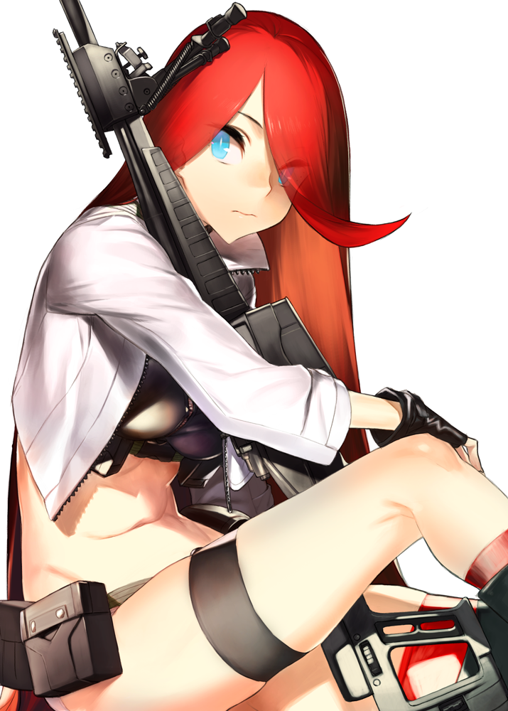 1girl 3: 92m bangs black_gloves blue_eyes bright_pupils closed_mouth crop_top cropped_jacket eyes_visible_through_hair fingerless_gloves girls_frontline gloves gun hand_on_own_knee long_hair looking_away midriff navel pouch redhead simple_background single_thighhigh sitting solo swept_bangs t-5000_(girls_frontline) thigh-highs thigh_strap very_long_hair weapon white_background white_pupils