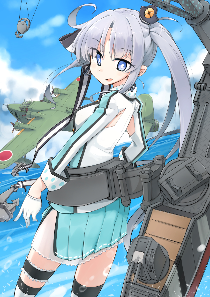 1girl ahoge aircraft airplane akitsushima_(kantai_collection) akitsushima_(seaplane_tender) anchor aqua_skirt armpit_cutout asymmetrical_hair bangs blue_eyes blue_sky bow breasts cannon clouds cloudy_sky commentary crane day dutch_angle earrings eyebrows_visible_through_hair eyes_visible_through_hair flying_boat gloves grey_hair hair_bow hair_intakes half_gloves hat highres horizon jewelry kantai_collection long_hair long_sleeves looking_at_viewer looking_back looking_to_the_side medium_breasts military military_jacket military_uniform mini_hat miniskirt open_mouth outdoors parted_bangs pleated_skirt raised_eyebrows ribbon-trimmed_skirt ribbon_trim rigging senhappyaku side_ponytail side_slit sidelocks sketch_eyebrows skirt sky sleeves_folded_up solo standing striped striped_bow thigh-highs tsurime turret uniform water_drop white_gloves white_legwear white_pupils zettai_ryouiki