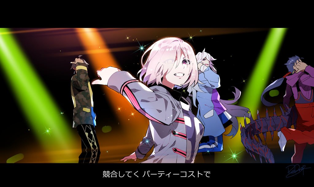 1girl 3boys ahoge blue_hair bob_cut brown_hair cu_chulainn_alter_(fate/grand_order) da_pump eyes_visible_through_hair fate/grand_order fate_(series) grey_jacket hair_over_one_eye jacket jersey lancer lavender_hair letterboxed long_hair lyrics mash_kyrielight merlin_(fate) multiple_boys ozymandias_(fate) parody ponytail redrop short_hair stage_lights tail u.s.a. upper_body very_long_hair violet_eyes white_hair