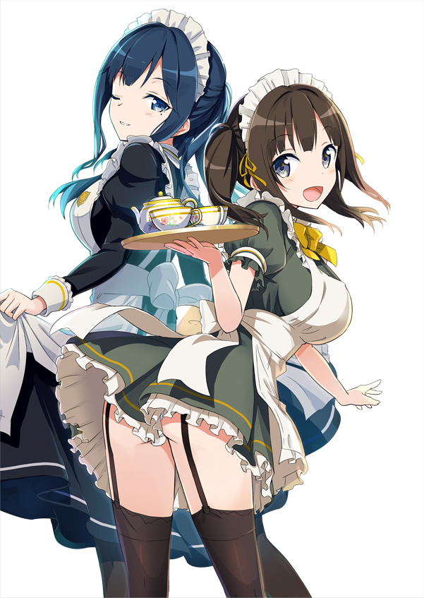 2girls :d ;) apron ass black_hair black_legwear blue_eyes blush breasts brown_hair cup garter_straps gochou_(atemonai_heya) grey_eyes holding holding_tray large_breasts leaning_forward long_sleeves looking_at_viewer maid maid_apron maid_headdress medium_hair multiple_girls one_eye_closed open_mouth short_sleeves skirt_hold smile standing teacup teapot thigh-highs thighs tray