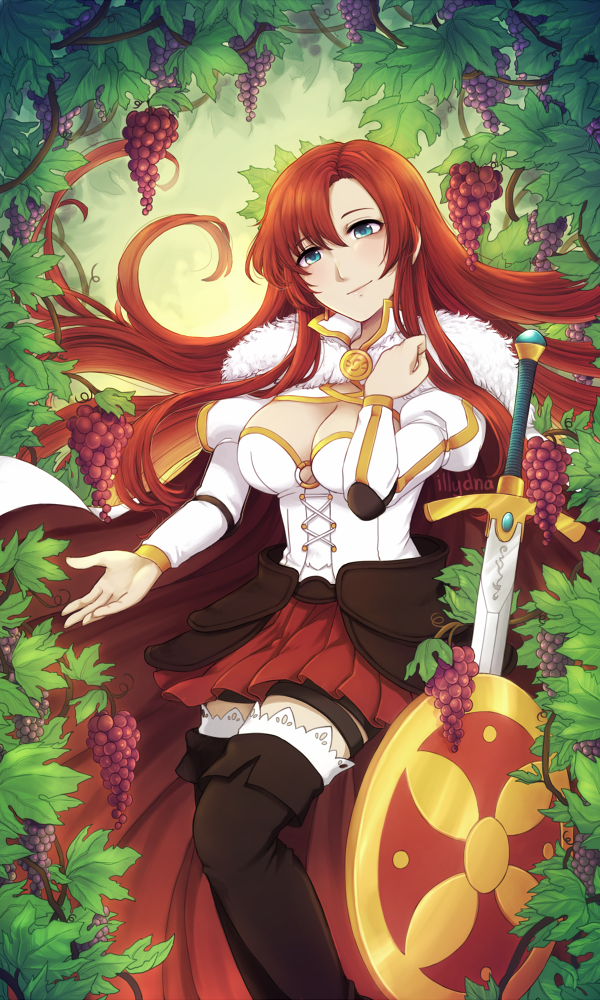 1girl black_legwear blue_eyes boots boudica_(fate/grand_order) breasts cape cleavage cleavage_cutout commentary corset english_commentary fate/grand_order fate_(series) food fruit fur-trimmed_cape fur_trim grapes head_tilt illynda large_breasts light_smile long_hair outstretched_hand pleated_skirt puffy_sleeves red_skirt redhead shield skirt smile solo sword thigh-highs thigh_boots thigh_strap weapon