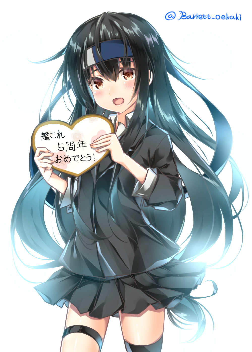 1girl baretto_(firearms_1) black_hair black_jacket black_legwear blush gift hair_between_eyes happy_valentine hatsushimo_(kantai_collection) headband highres jacket kantai_collection long_hair long_sleeves looking_at_viewer miniskirt open_mouth red_eyes shirt simple_background skirt solo thighs white_background white_shirt